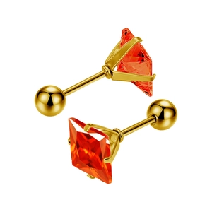 Detailed macro view of gold-plated stud earrings featuring orange square-cut zircon stones