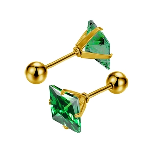 Detail of square green zircon earrings with golden finish and secure ball screw back