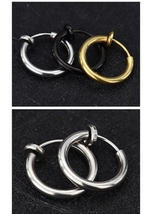 Polished stainless steel spring ear clips and nose rings in silver, black, and gold colors