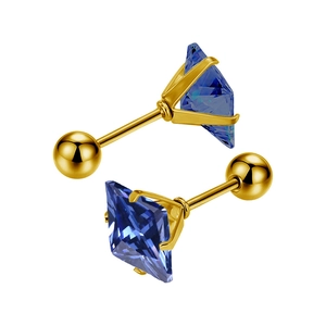 Detail view of gold stainless steel stud earrings with blue square zirconia and screw backs