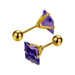 Macro detail of gold-plated stud earrings with square purple cubic zirconia stone