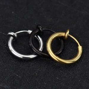 Three-piece set of spring clip-on hoop earrings in gold, silver, and black stainless steel