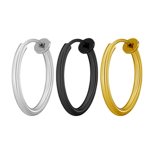 Three-piece stainless steel spring ear clips set in silver, black and gold finishes