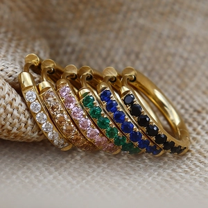 Minimalist gold-plated hoop earrings set with colorful cubic zirconia in six vibrant shades
