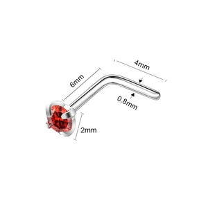 L-förmiger Nasenstecker aus Edelstahl mit einem 2 mm großen roten runden Zirkonia Stein