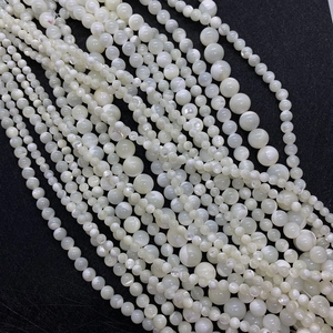 Makroaufnahme polierter weißer Naturmuschelperlen in verschiedenen Größen für DIY-Schmuck