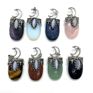 Lot de 8 pendentifs ovales en pierre naturelle avec monture lune en métal bohème