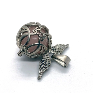 Tiger eye natural stone pendant with silver hollow wings and pink bead for DIY necklaces