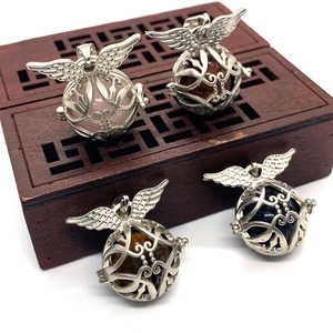 Retro Alloy Angel Wings Hollow Ball Locket Pendant Natural Stone Tiger Eye Rose Quartz DIY Jewelry Making Findings Accessory