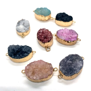 Set of oval druzy natural stone connectors with gold-plated edges for DIY jewelry making