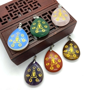 Natural Stone Teardrop Pendant With Golden Yoga Meditation Figure Chakra Symbols Spiritual Gemstone Healing Pendant For Jewelry Making Accessories