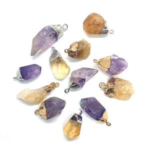 Natural amethyst and citrine irregular stone pendants with gold plated metal loops