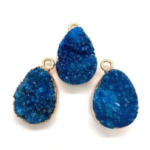 Three teardrop royal blue druzy stone pendants with gold plated edges for DIY jewelry