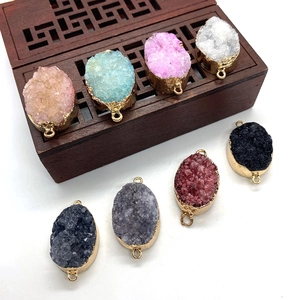 Natural Druzy Stone Oval Connector Pendant Gold Plated Alloy Crystal Cluster Jewelry Making DIY Necklace Accessory