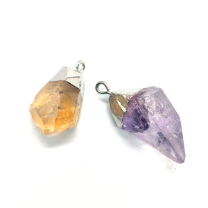 Natural purple and yellow crystal pendants with silver metal plating for DIY jewelry making