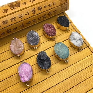 Natural oval druzy stone connector pendants with double loops for DIY jewelry making