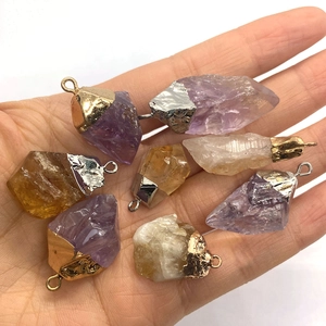 Handheld irregular natural amethyst and citrine crystal pendants with gold and silver metal loops