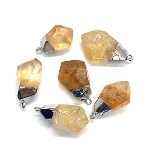Set of six irregular raw yellow crystal pendants with silver metal bails for jewelry making
