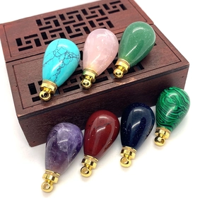 Natural Stone Teardrop Perfume Bottle Pendant Malachite Turquoise Amethyst Essential Oil Diffuser Charm For DIY Jewelry Making