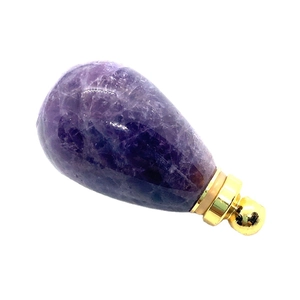 Natural teardrop amethyst stone pendant with golden metal cap on white background