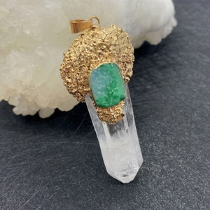 Natural crystal pendant with raw green druzy stone and gold cap on white quartz point