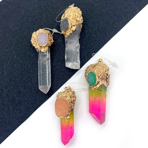 Irregular faceted natural stone pillar pendants with textured gold caps in mixed colors