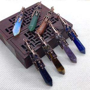 Vintage Natural Stone Hexagonal Prism Pendant Only Without Chain With Hollow Alloy Cap Amethyst Rose Quartz Lapis Jewelry Making