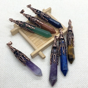 Natural gemstone hexagonal pyramid pendants with vintage copper caps in multiple stone types