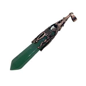 Pyramid green aventurine crystal pendant with antique bronze embossed metal cap on white background