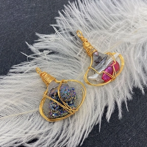 Handmade gold wire wrapped natural stone and pearl pendant in bohemian style