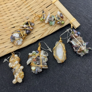 Handmade wire-wrapped natural stone and baroque pearl pendants with gold wire accents