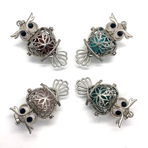 Set of four hollow owl pendants with colorful natural stone beads and silver alloy cage