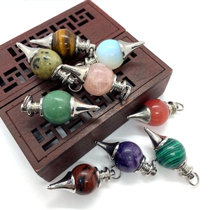 Natural Stone Round Ball Pendulum Pendant For Dowsing Divination Silver Color Alloy Cap Polished Gemstone DIY Jewelry Making