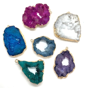 Irregular natural druzy agate crystal pendants with gold edges in six vibrant colors