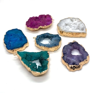 Set of six irregular druzy agate stone pendants with gold plated edges for DIY jewelry making