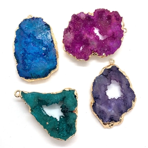 Natural irregular blue and purple quartz druzy stone pendants with gold plated edges