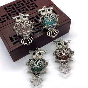 Vintage Owl Hollow Locket Pendant With Natural Stone Sphere Inlaid Alloy Pendant Only For DIY Jewelry Making Accessories