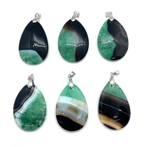 Waterdrop natural agate stone pendants with green and black gradient stripes and silver bail