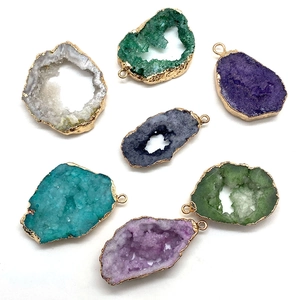 Set of 7 colorful natural quartz geode slice pendants with elegant gold plated edges