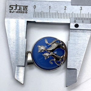 Macro-detail van blauwe opaal hanger van 22mm met zilveren kat-motief en schuifmaat