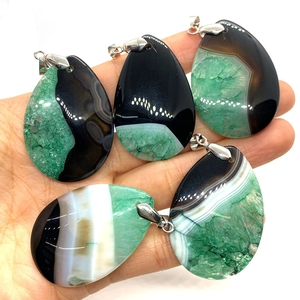 Set of five natural agate teardrop pendants with gradient green textures and silver bails