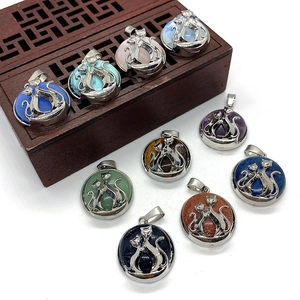 Natuursteen Rond Kat Hanger Voor DIY Sieraden Maken Amethist Rozenkwarts Opaal Legering Kat Reliëf Charms Hanger Voor Vrouwen Cadeau