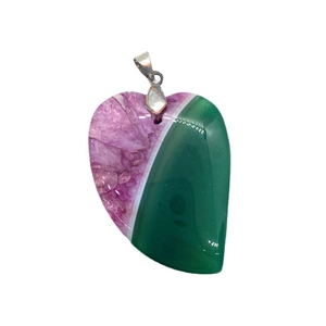Colgante de corazón en ágata natural con cristales púrpuras y piedra verde con enganche
