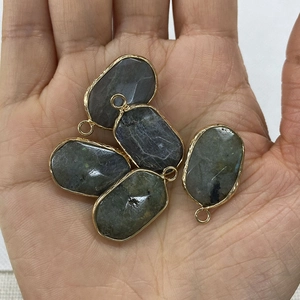 Five oval natural gray stone pendants with gold metal edge for DIY jewelry making