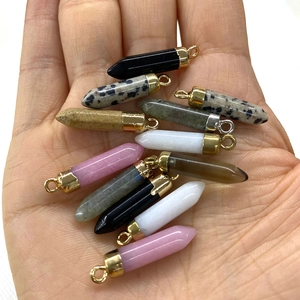 Natural 6x25mm hexagonal stone bullet pendants with metal bail loops for DIY jewelry