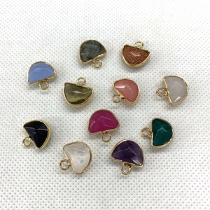 Set of 11 semi-circle natural stone pendants with gold plated edges for DIY jewelry