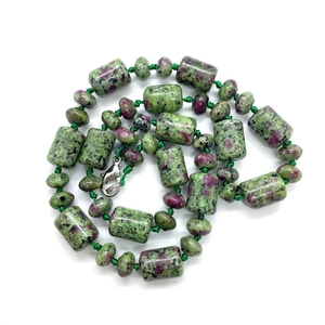 Detail of natural Ruby in Zoisite necklace with cylindrical beads and silver lobster clasp