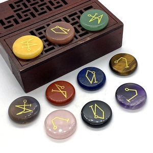 Natural Stone Round Flat Energy Stones Gold Engraved Mystical Sigils Healing Crystals Meditation DIY Jewelry Accessories