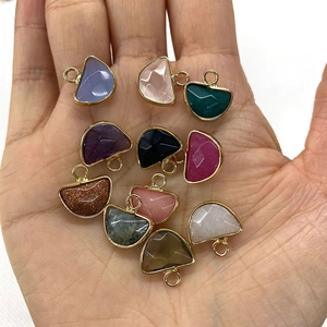 Collection of colorful 13x14mm semi-circle natural stone pendants with gold plated edges