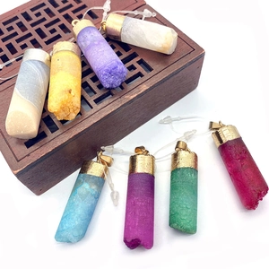 Natural Stone Faceted Crystal Pendant Polished Cylindrical Druzy Gemstone Charm With Metal Cap For DIY Jewelry Making Women